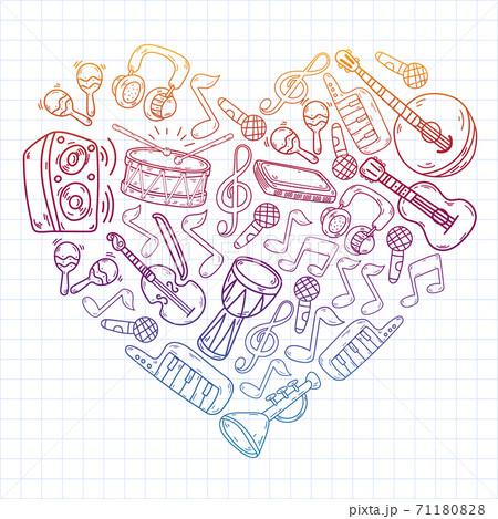 Vector music background with musical instruments. Rock, piano, guitar, jazz. Melody and microphone. Concert. Vector music background with musical instruments. Rock, piano, guitar, jazz. Melody and microphone. Concert. 71180828