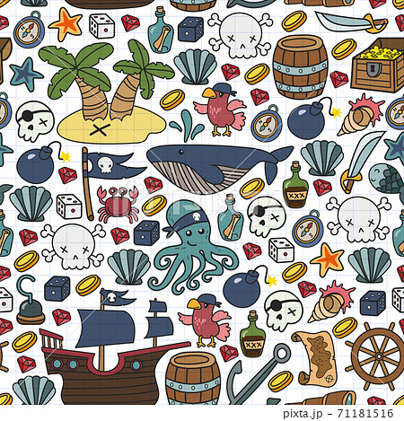 Children pirate party. Symbols of piracy - hat, swords, guns, treasure chest, ship, black flag, jolly roger emblem, skull and crossbones, compass. 71181516