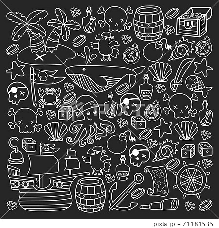 Children pirate party. Symbols of piracy - hat, swords, guns, treasure chest, ship, black flag, jolly roger emblem, skull and crossbones, compass. 71181535