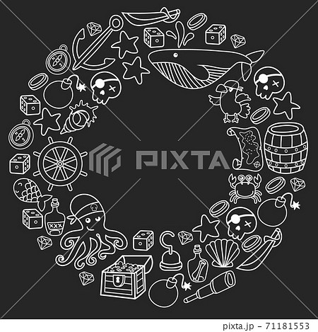 Children pirate party. Symbols of piracy - hat, swords, guns, treasure chest, ship, black flag, jolly roger emblem, skull and crossbones, compass. 71181553