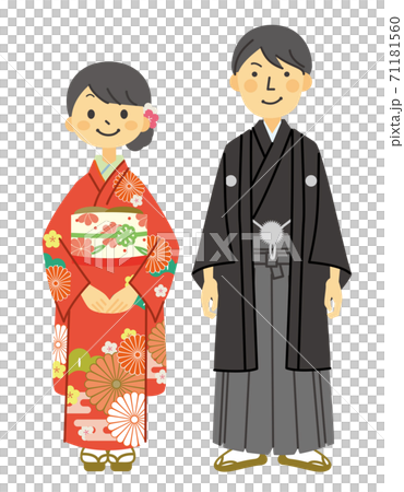 A woman in furisode and a man in hakama 71181560