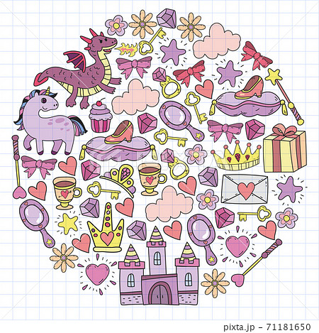 Princess and fantasy icon and and design element for invitation and greeting card. Princess and fantasy icon and and design element for invitation and greeting card. 71181650