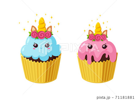 Unicorn Cupcakes With Icing Kawaii Fairy Cakes Stock Illustration