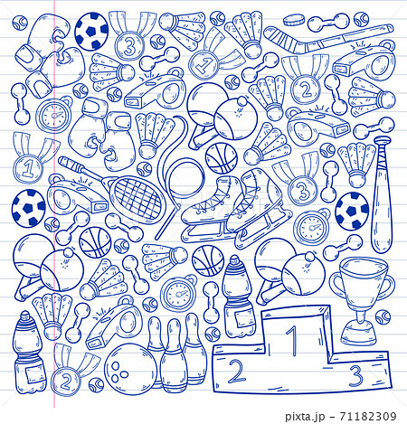 Vector pattern with sport elements. Fitness, games, exercises. Doodle icons  in kids drawing style Stock Vector by ©Helen_F 423980586