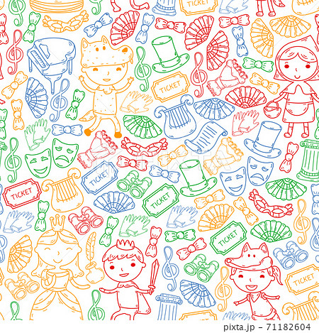 Perfomance, theatre with little children. Kindergarten kids in fairy tale scenes. Young actors perfoming Red Riding Hood and Shakespeare Hamlet. Robin hood costume. 71182604