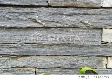 Black slate block wall texture. Background close up with green foliage. Copyspace Black slate block wall texture. Background close up with green foliage. Copyspace 71182795