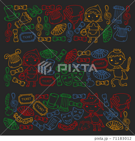 Perfomance, theatre with little children. Kindergarten kids in fairy tale scenes. Young actors perfoming Red Riding Hood and Shakespeare Hamlet. Robin hood costume. 71183012