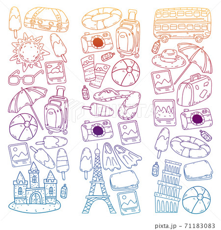 Vector pattern with travel icons. Great vacation, holidays. Hot air balloon, suitcase. Adventures and travel. 71183083