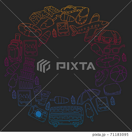 Vector pattern with travel icons. Great vacation, holidays. Hot air balloon, suitcase. Adventures and travel. Vector pattern with travel icons. Great vacation, holidays. Hot air balloon, suitcase. Adventures and travel. 71183095