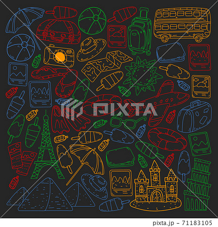 Vector pattern with travel icons. Great vacation, holidays. Hot air balloon, suitcase. Adventures and travel. Vector pattern with travel icons. Great vacation, holidays. Hot air balloon, suitcase. Adventures and travel. 71183105