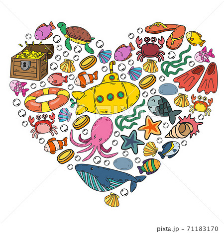 Diving pattern with children. Octopus, whale. Summer adventure with pirates and treasures. Swimming and underwater adventure. Diving pattern with children. Octopus, whale. Summer adventure with pirates and treasures. Swimming and underwater adventure. 71183170
