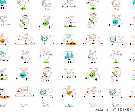 White ox. Symbol of chinese new year 2021. Seamless pattern, endless texture, wallpaper, print for holiday design. Funny cute kawaii bull, cow. Set of vector illustrations isolated on white background 71183387
