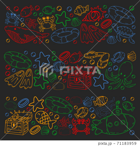 Diving pattern with children. Octopus, whale. Summer adventure with pirates and treasures. Swimming and underwater adventure. Diving pattern with children. Octopus, whale. Summer adventure with pirates and treasures. Swimming and underwater adventure. 71183959