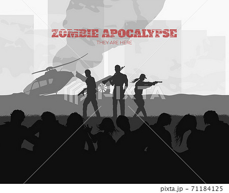 Poster Zombie apocalypse. Silhouettes of gunmans and dead peoples on helicopter background. Video game shooter. Horror thriller. Nightmare monsters Poster Zombie apocalypse. Silhouettes of gunmans and dead peoples on helicopter background. Video game shooter. Horror thriller. Nightmare monsters 71184125