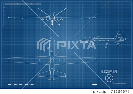 Blueprint of military drone in outline style. Top, front and side view. Army aircraft for intelligence and attack. Industrial isolated drawing Blueprint of military drone in outline style. Top, front and side view. Army aircraft for intelligence and attack. Industrial isolated drawing 71184675