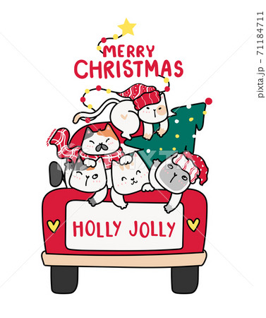 cute happy kitten cat with Christmas tree on red truck car, cartoon doodle clipart flat vector, for greeting card, gift, print cute happy kitten cat with Christmas tree on red truck car, cartoon doodle clipart flat vector, for greeting card, gift, print 71184711