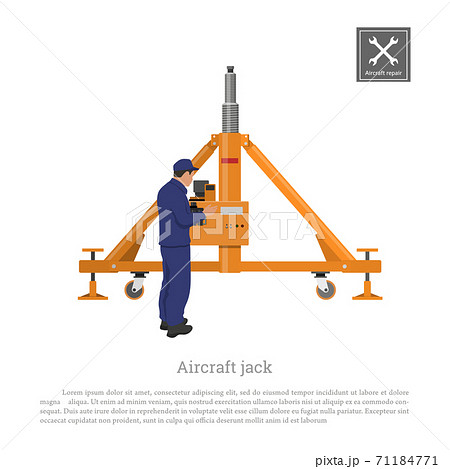 Repair and maintenance of aircraft. Engineer with airplane jack. Industrial drawing of plane gear in flat style Repair and maintenance of aircraft. Engineer with airplane jack. Industrial drawing of plane gear in flat style 71184771