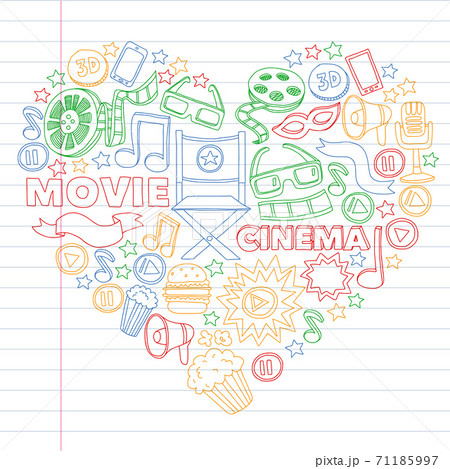 Cinema, movie, film doodles hand drawn sketchy vector symbols and objects Cinema, movie, film doodles hand drawn sketchy vector symbols and objects 71185997