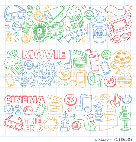 Cinema, movie, film doodles hand drawn sketchy vector symbols and objects Cinema, movie, film doodles hand drawn sketchy vector symbols and objects 71186608
