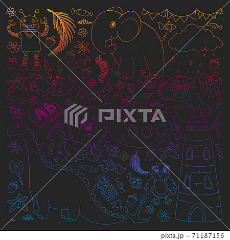 Vector kindergarten pattern with animals and toys. Illustration for little boys and girls. Vector kindergarten pattern with animals and toys. Illustration for little boys and girls. 71187156