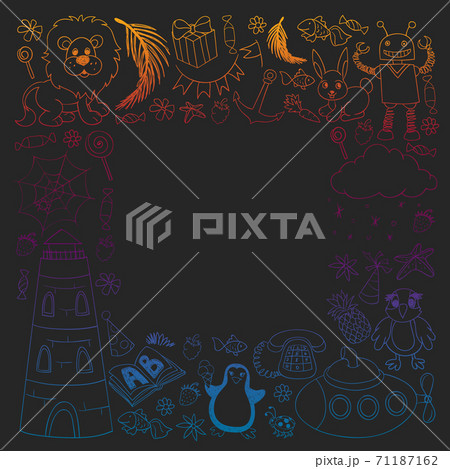 Vector kindergarten pattern with animals and toys. Illustration for little boys and girls. Vector kindergarten pattern with animals and toys. Illustration for little boys and girls. 71187162