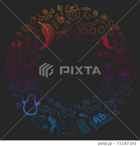 Vector kindergarten pattern with animals and toys. Illustration for little boys and girls. Vector kindergarten pattern with animals and toys. Illustration for little boys and girls. 71187163
