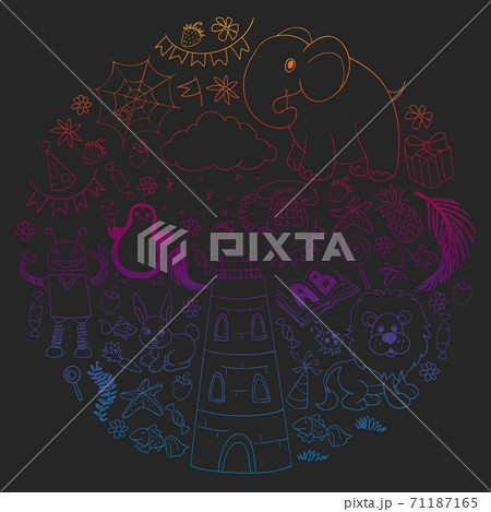 Vector kindergarten pattern with animals and toys. Illustration for little boys and girls. Vector kindergarten pattern with animals and toys. Illustration for little boys and girls. 71187165