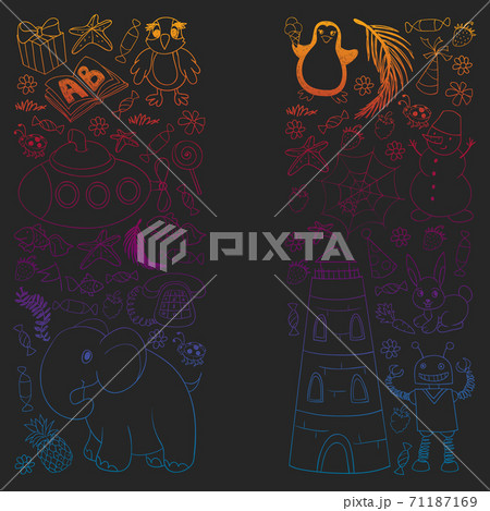 Vector kindergarten pattern with animals and toys. Illustration for little boys and girls. Vector kindergarten pattern with animals and toys. Illustration for little boys and girls. 71187169