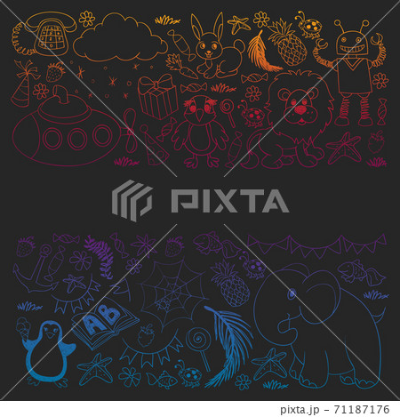 Vector kindergarten pattern with animals and toys. Illustration for little boys and girls. Vector kindergarten pattern with animals and toys. Illustration for little boys and girls. 71187176