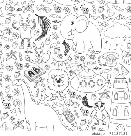 Vector kindergarten pattern with animals and toys. Illustration for little boys and girls. Vector kindergarten pattern with animals and toys. Illustration for little boys and girls. 71187181