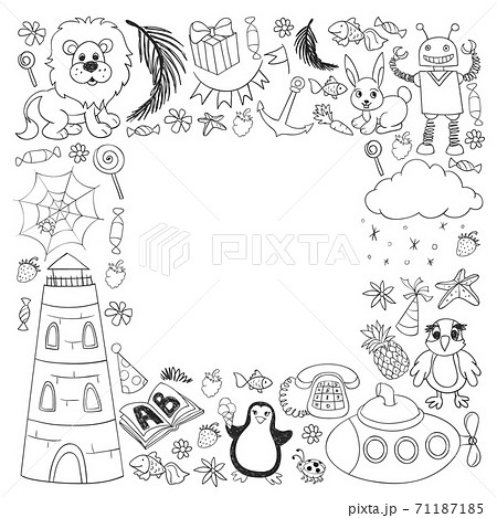 Vector kindergarten pattern with animals and toys. Illustration for little boys and girls. Vector kindergarten pattern with animals and toys. Illustration for little boys and girls. 71187185