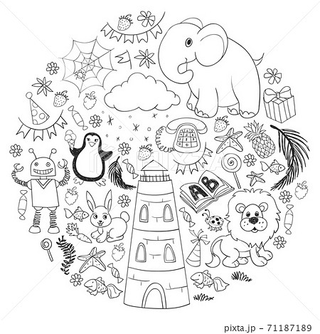 Vector kindergarten pattern with animals and toys. Illustration for little boys and girls. Vector kindergarten pattern with animals and toys. Illustration for little boys and girls. 71187189