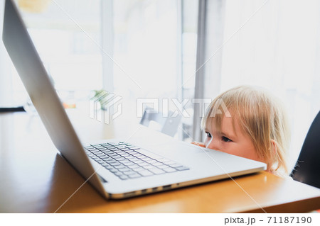 the little girl looks at the laptop screen and is confused. the little girl looks at the laptop screen and is confused. 71187190