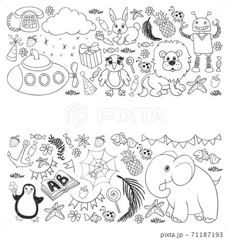 Vector kindergarten pattern with animals and toys. Illustration for little boys and girls. Vector kindergarten pattern with animals and toys. Illustration for little boys and girls. 71187193