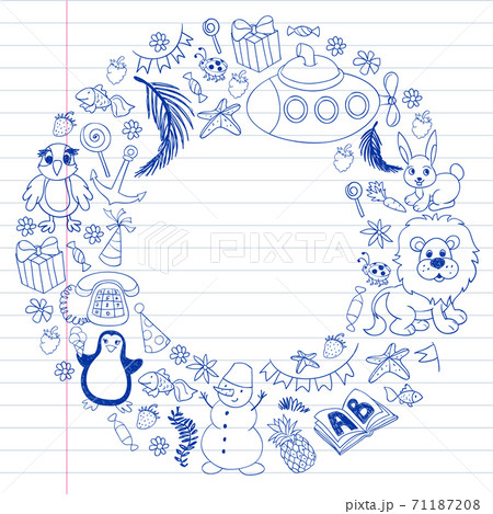 Vector kindergarten pattern with animals and toys. Illustration for little boys and girls. Vector kindergarten pattern with animals and toys. Illustration for little boys and girls. 71187208