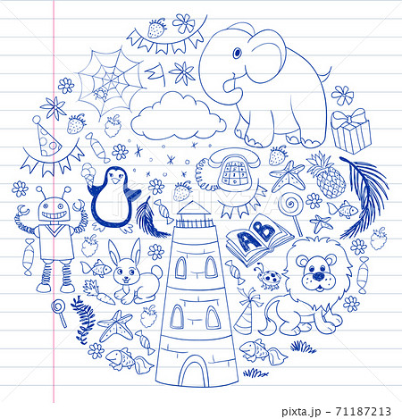 Vector kindergarten pattern with animals and toys. Illustration for little boys and girls. Vector kindergarten pattern with animals and toys. Illustration for little boys and girls. 71187213