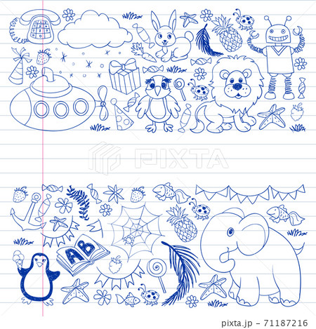 Vector kindergarten pattern with animals and toys. Illustration for little boys and girls. Vector kindergarten pattern with animals and toys. Illustration for little boys and girls. 71187216