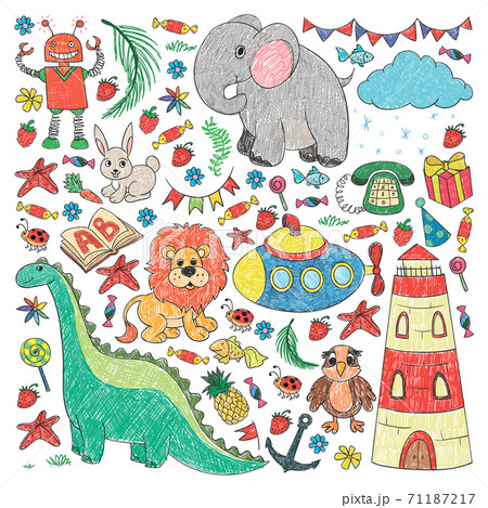Vector kindergarten pattern with animals and toys. Illustration for little boys and girls. Vector kindergarten pattern with animals and toys. Illustration for little boys and girls. 71187217