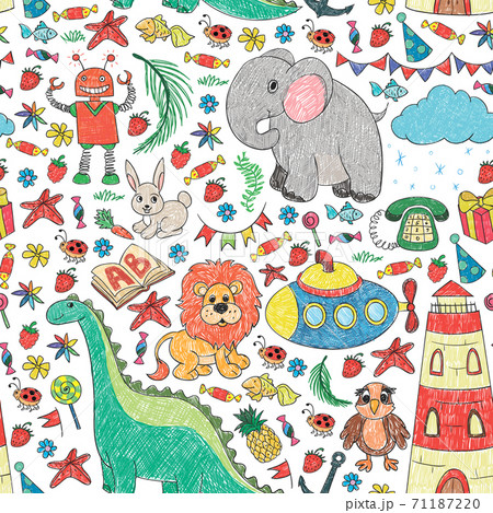 Vector kindergarten pattern with animals and toys. Illustration for little boys and girls. Vector kindergarten pattern with animals and toys. Illustration for little boys and girls. 71187220