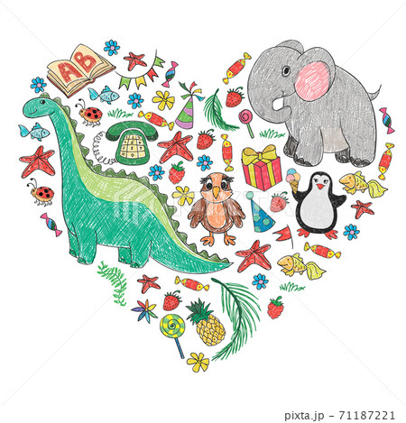 Vector kindergarten pattern with animals and toys. Illustration for little boys and girls. Vector kindergarten pattern with animals and toys. Illustration for little boys and girls. 71187221