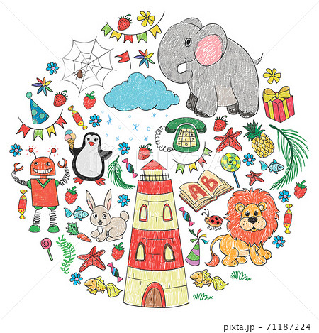 Vector kindergarten pattern with animals and toys. Illustration for little boys and girls. Vector kindergarten pattern with animals and toys. Illustration for little boys and girls. 71187224