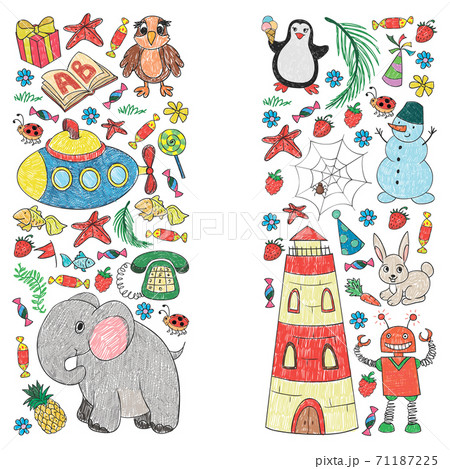 Vector kindergarten pattern with animals and toys. Illustration for little boys and girls. Vector kindergarten pattern with animals and toys. Illustration for little boys and girls. 71187225