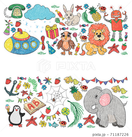 Vector kindergarten pattern with animals and toys. Illustration for little boys and girls. Vector kindergarten pattern with animals and toys. Illustration for little boys and girls. 71187226