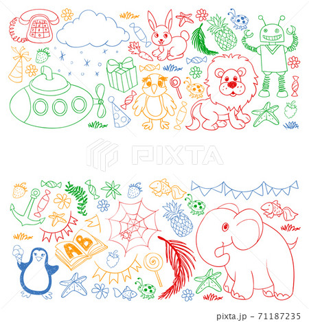 Vector kindergarten pattern with animals and toys. Illustration for little boys and girls. Vector kindergarten pattern with animals and toys. Illustration for little boys and girls. 71187235