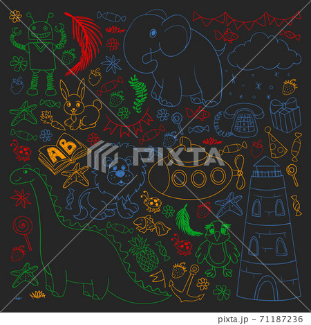 Vector kindergarten pattern with animals and toys. Illustration for little boys and girls. Vector kindergarten pattern with animals and toys. Illustration for little boys and girls. 71187236