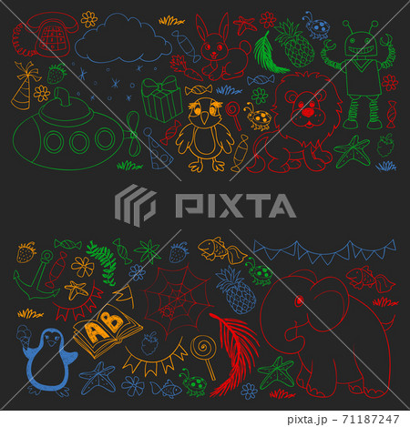 Vector kindergarten pattern with animals and toys. Illustration for little boys and girls. Vector kindergarten pattern with animals and toys. Illustration for little boys and girls. 71187247