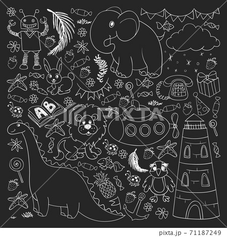 Vector kindergarten pattern with animals and toys. Illustration for little boys and girls. Vector kindergarten pattern with animals and toys. Illustration for little boys and girls. 71187249