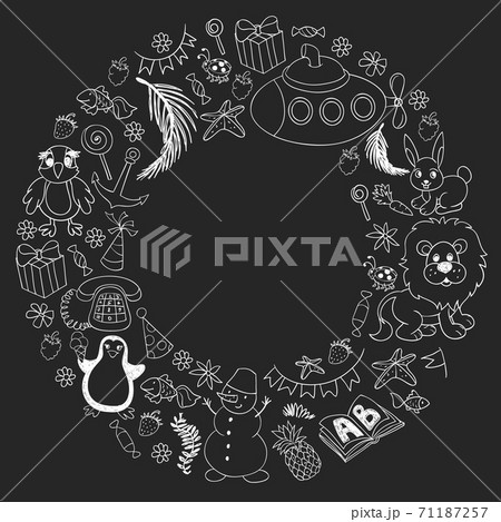 Vector kindergarten pattern with animals and toys. Illustration for little boys and girls. Vector kindergarten pattern with animals and toys. Illustration for little boys and girls. 71187257