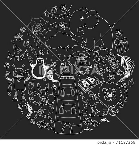 Vector kindergarten pattern with animals and toys. Illustration for little boys and girls. Vector kindergarten pattern with animals and toys. Illustration for little boys and girls. 71187259