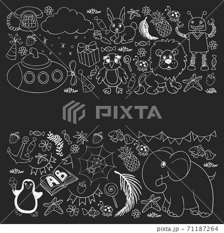 Vector kindergarten pattern with animals and toys. Illustration for little boys and girls. Vector kindergarten pattern with animals and toys. Illustration for little boys and girls. 71187264
